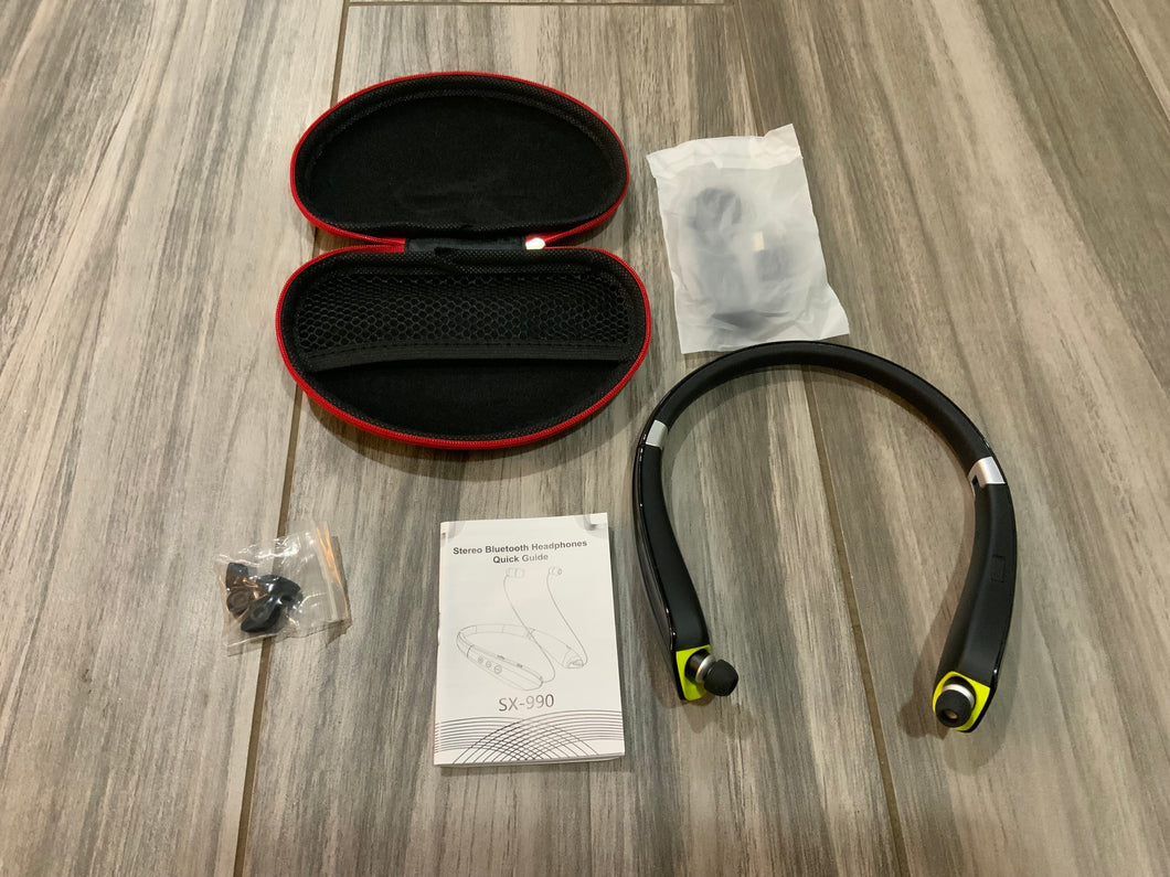 Foldable wireless neckband headset with retractable earbuds